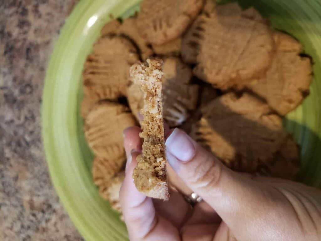 Dairy-free peanut butter cookie with a bite out of it.