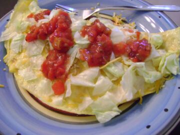 Enchilada omelet on a plate.