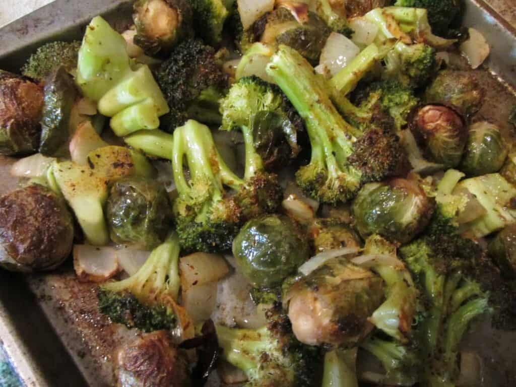 roasted broccoli, brussels sprouts, and onions