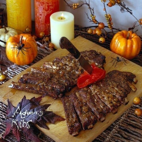 dead mans ribs on a cutting board for halloween