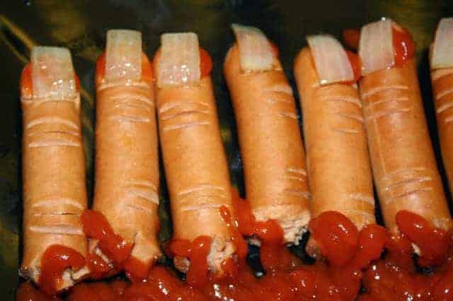 severed fingers hot dogs with bloody ketchup