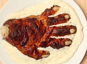 zombie hand meatloaf on a bed of mashed cauliflower