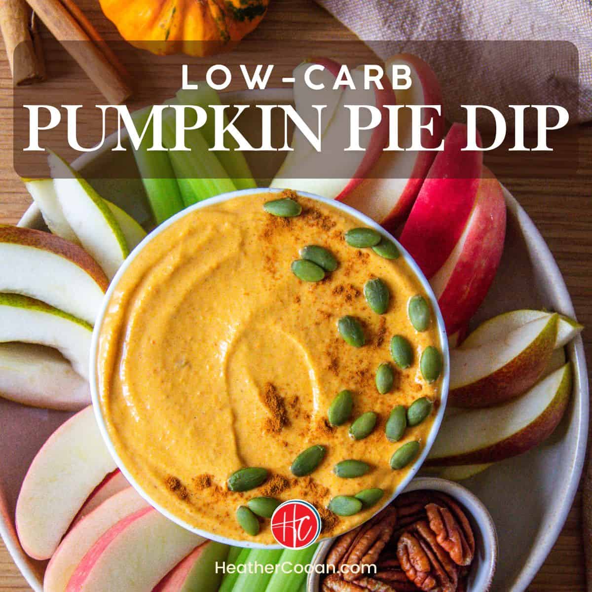 Creamy pumpkin pie dip with pumpkin seeds on top, surrounded by apple slices.