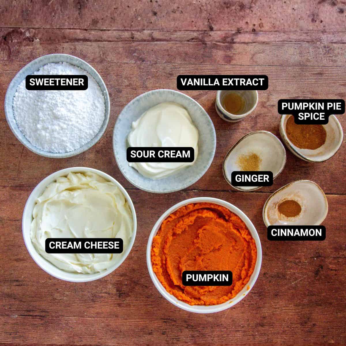Ingredients for low-carb pumpkin pie dip including pumpkin, cream cheese, sour cream, and spices.