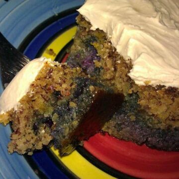 frosted lemon blueberry cake slice on place with fork full showing cake texture