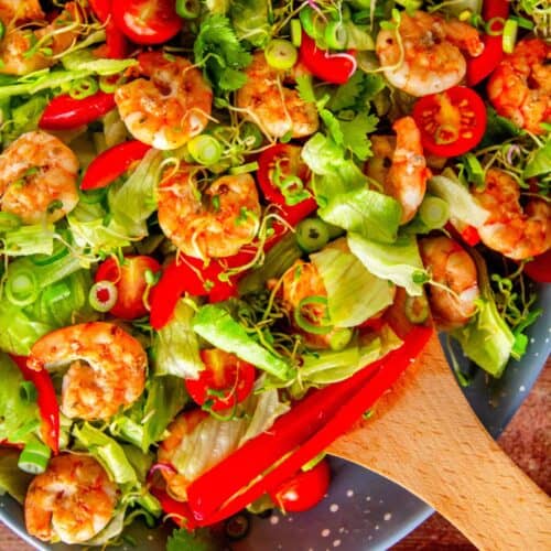Close-up of shrimp salad with lettuce, red pepper, tomatoes, and sprouts, wooden spoon resting on top.