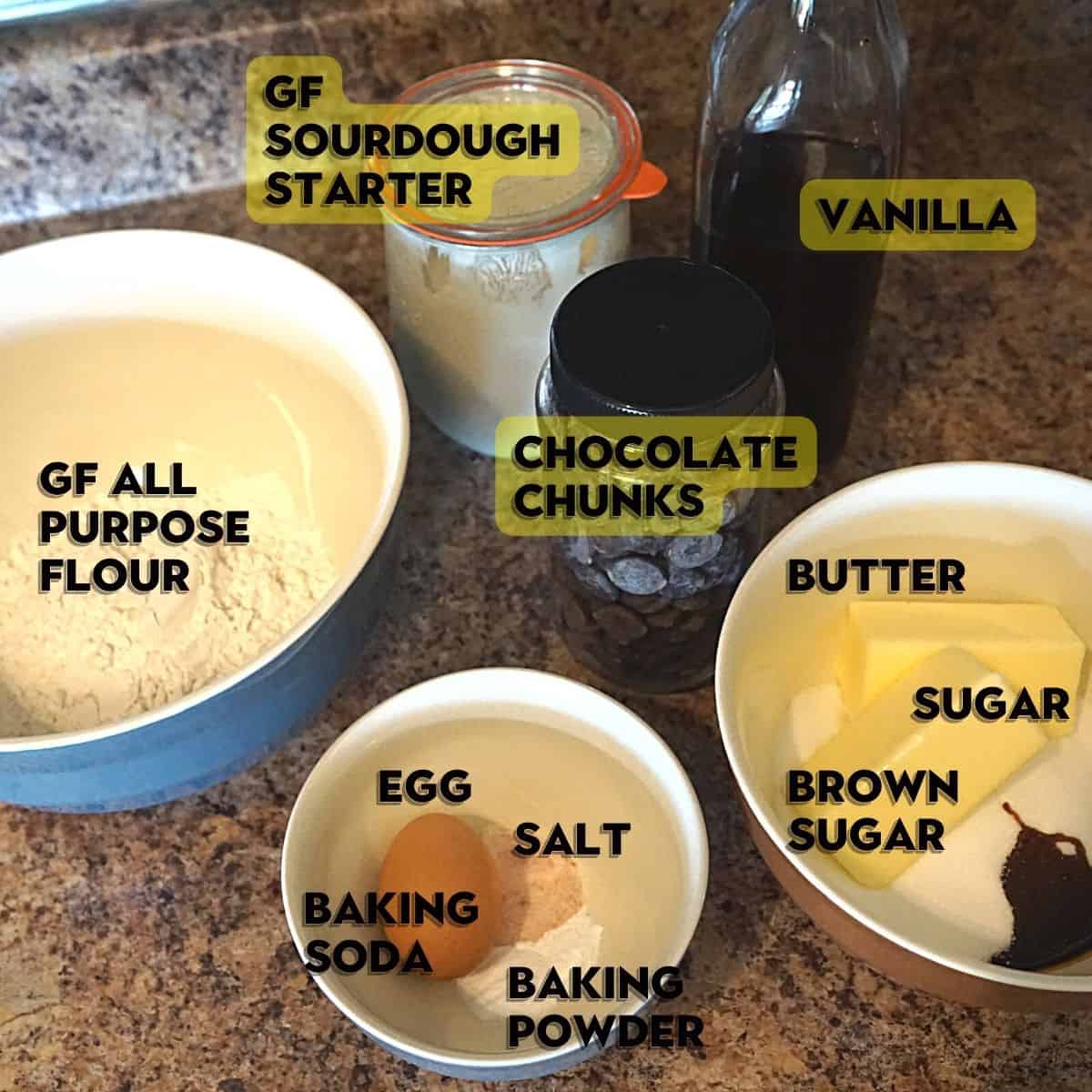 Gluten-free sourdough chocolate chunk cookie ingredients with labels
