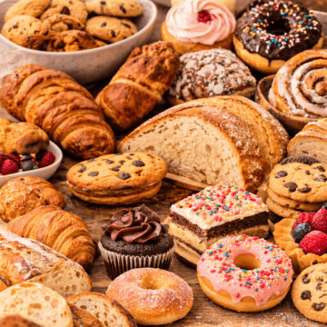 spread of bakery treats on a wooden table
