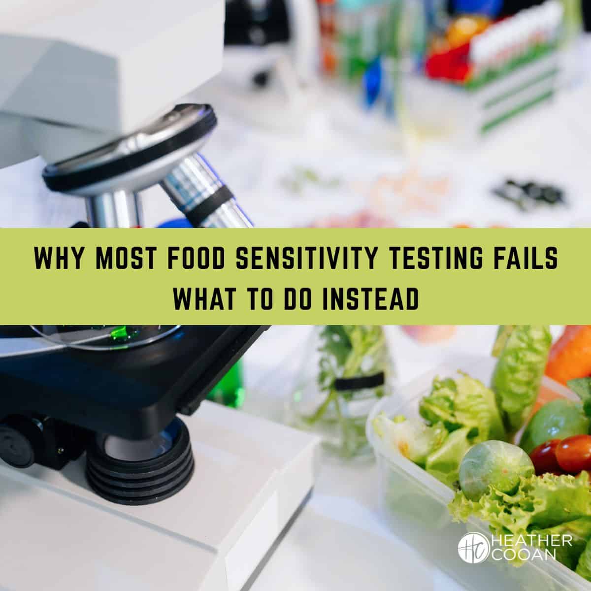 Microscope and veggies on lab table.