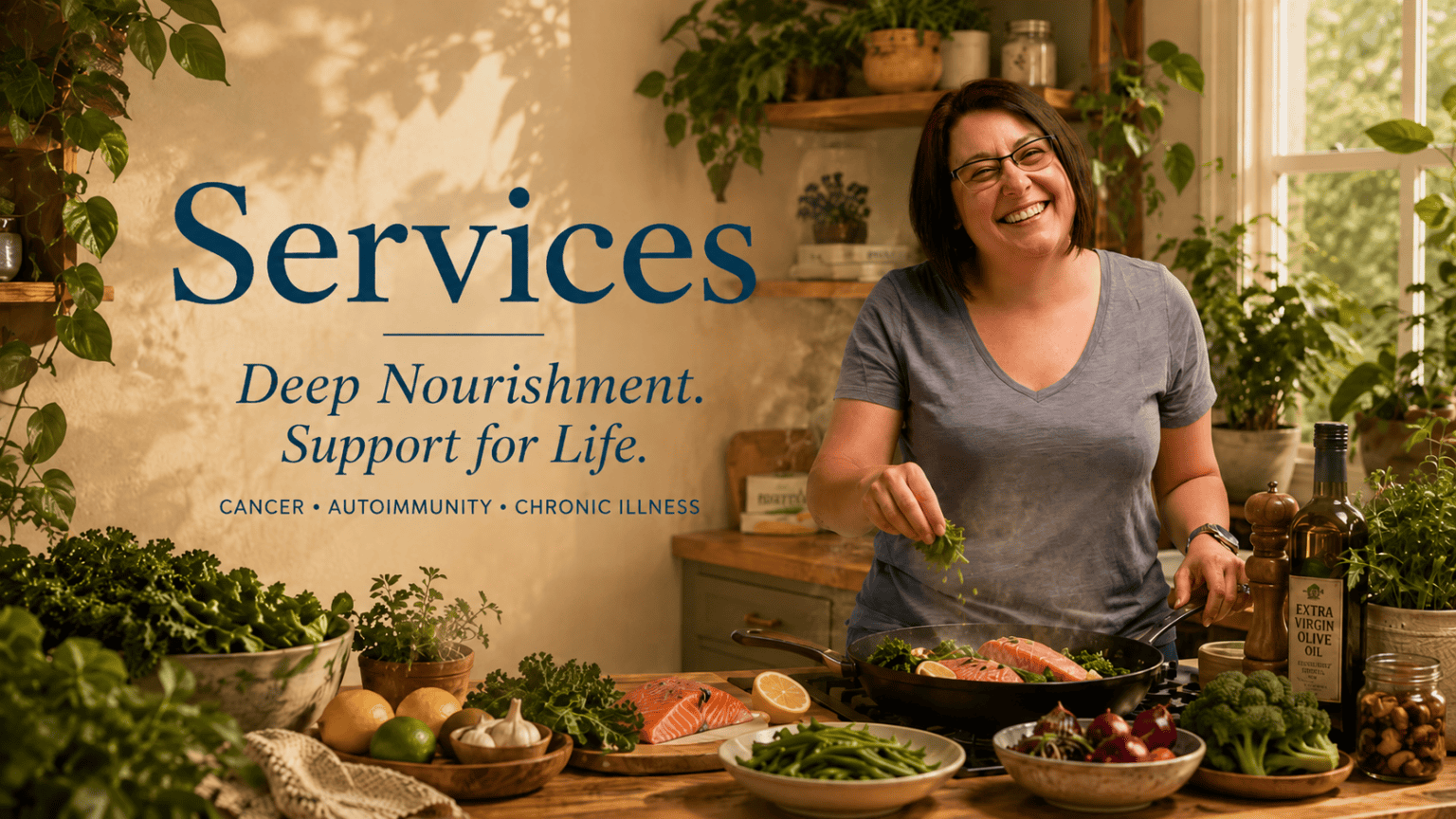 Heather Cooan in the kitchen cooking salmon and laughing.