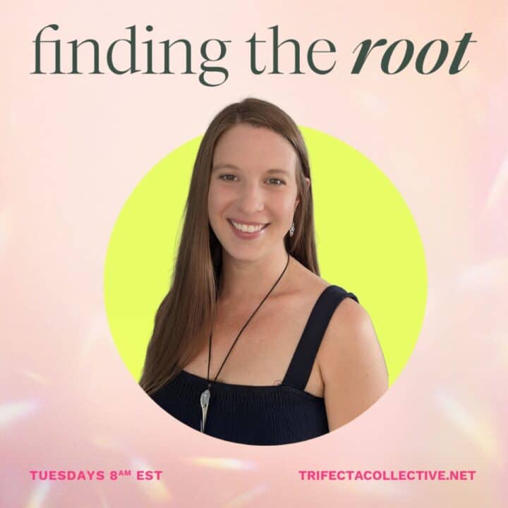 Megan Abbott, host of the Finding the Root podcast by Trifecta Collective, on a pink background.