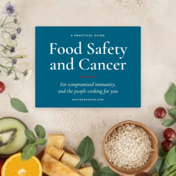 Cover of Food Safety and Cancer guide with fresh fruits and grains.