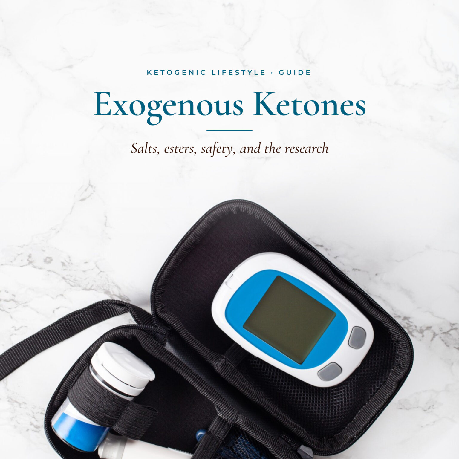 Exogenous Ketones book cover with a digital device and supplement container.